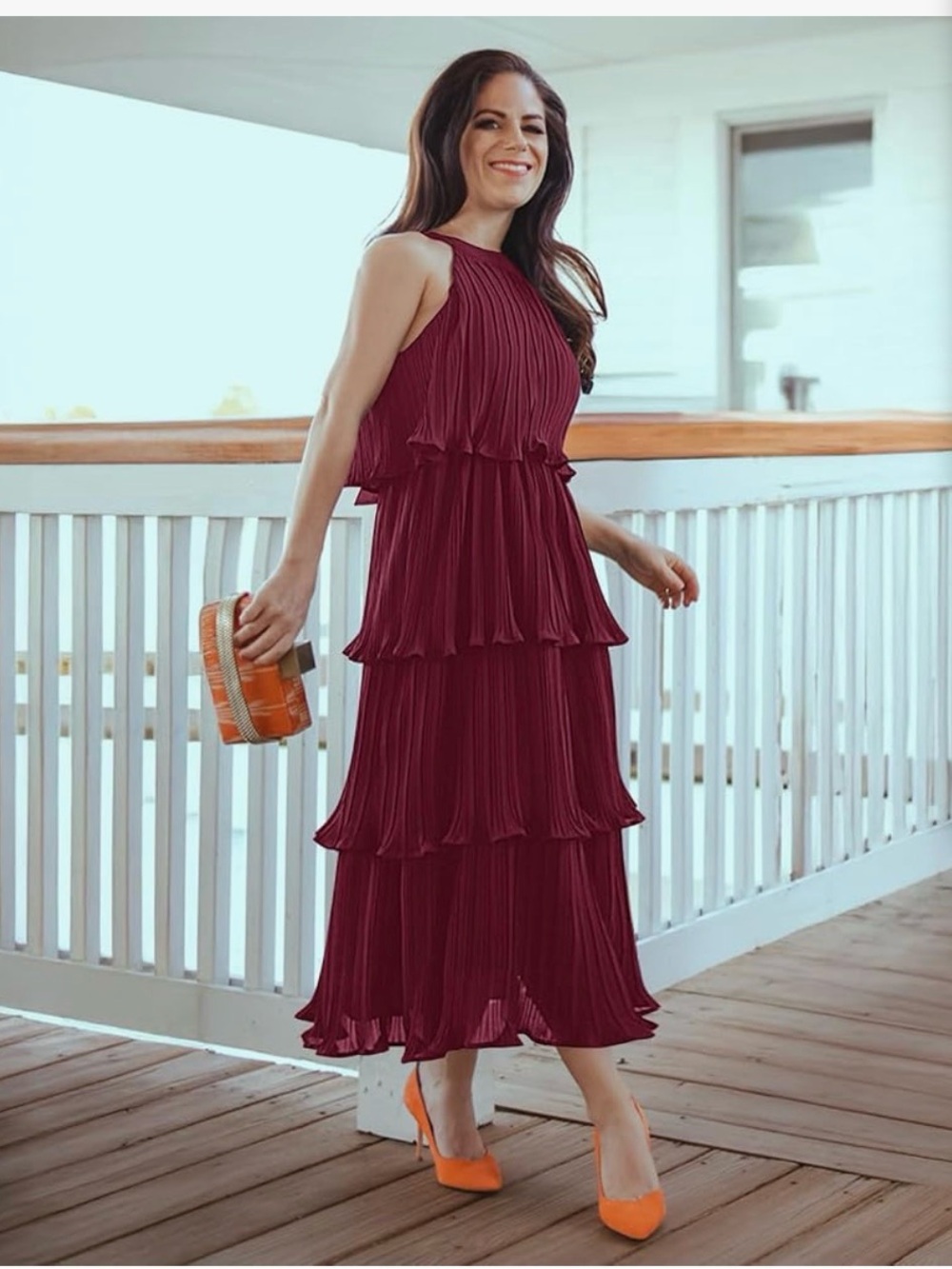 Beautiful Sleeveless Tiered Pleated Wine Dress NWT Back Tie Small